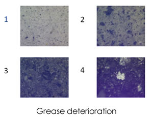着细铁和磁性磨损颗粒的增加，回转轴承的恶化，第四张图像显示润滑脂完全干燥